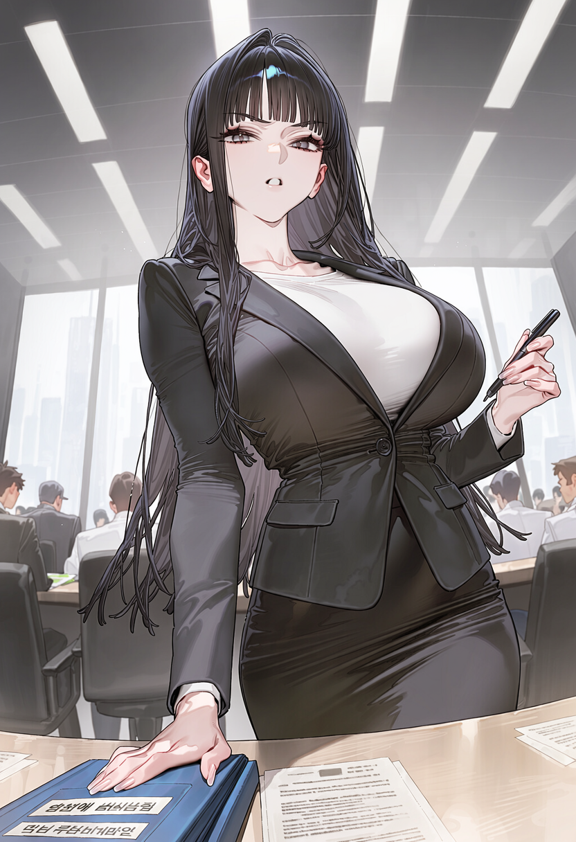 회의실에서 서류를 내려놓으며 결정을 내리는 윤채린
