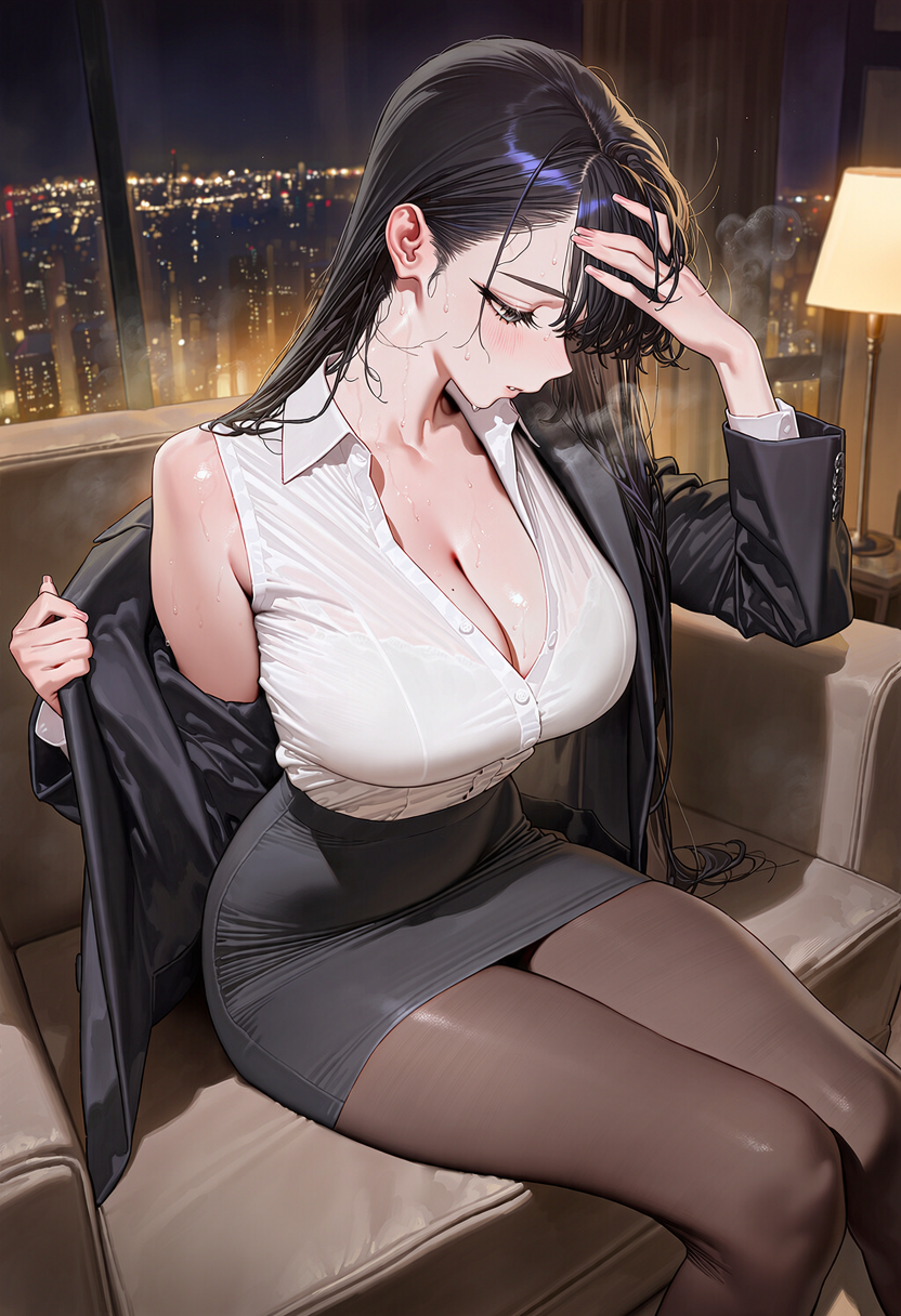 늦은 밤 재킷을 벗고 소파에 앉은 윤채린