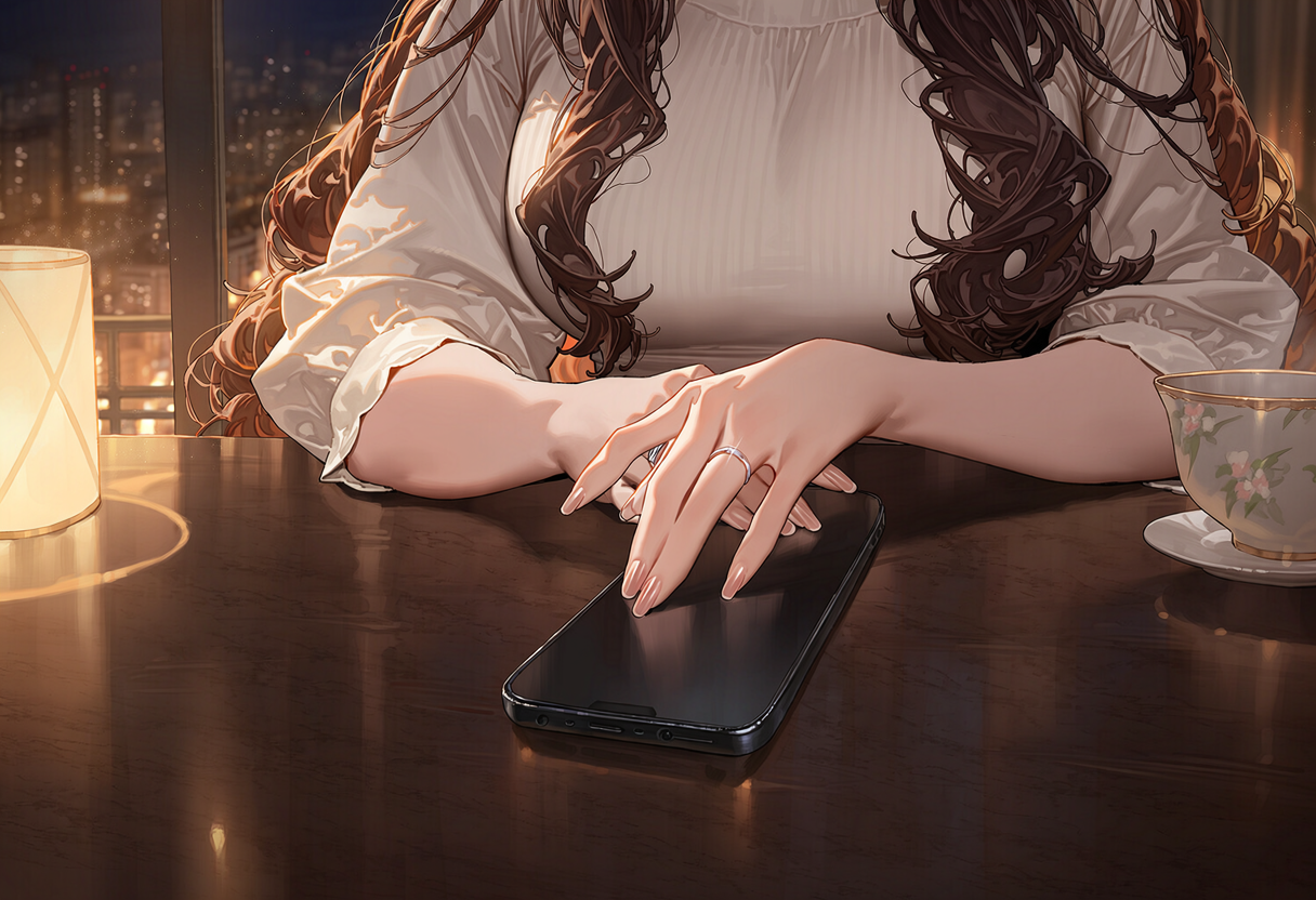결혼반지를 낀 오수진의 손과 내려놓은 휴대전화