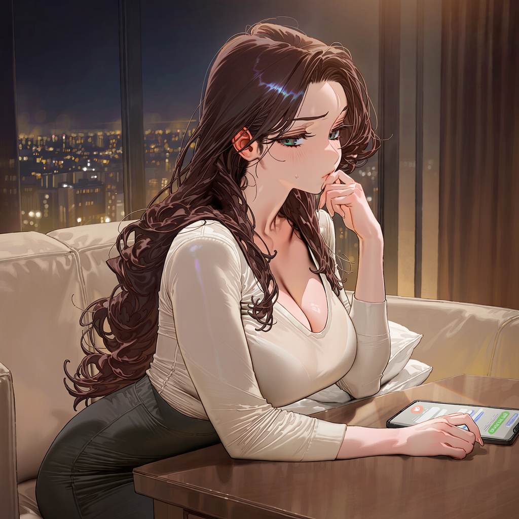 휴대전화에서 시선을 떼지 못하는 오수진